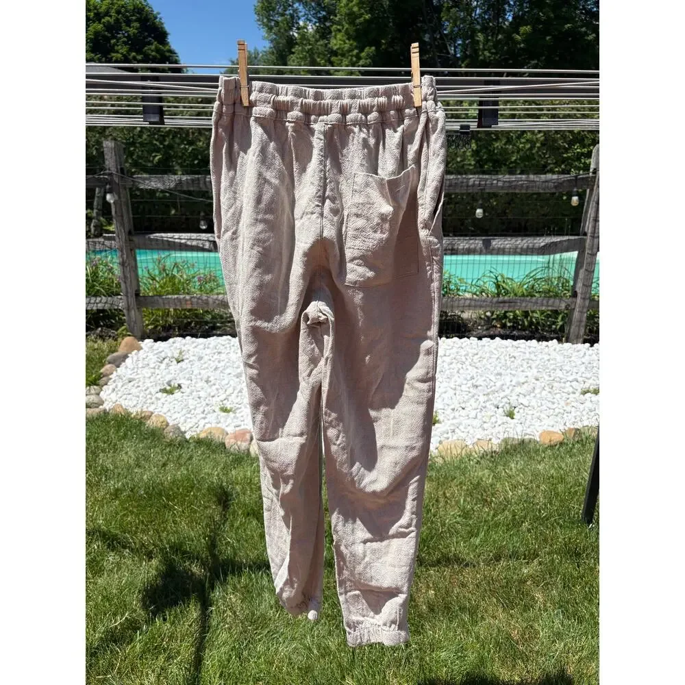 Zara Beige Linen Blend Jogger Pants Small Elastic Waist Beach Casual Lightweight
